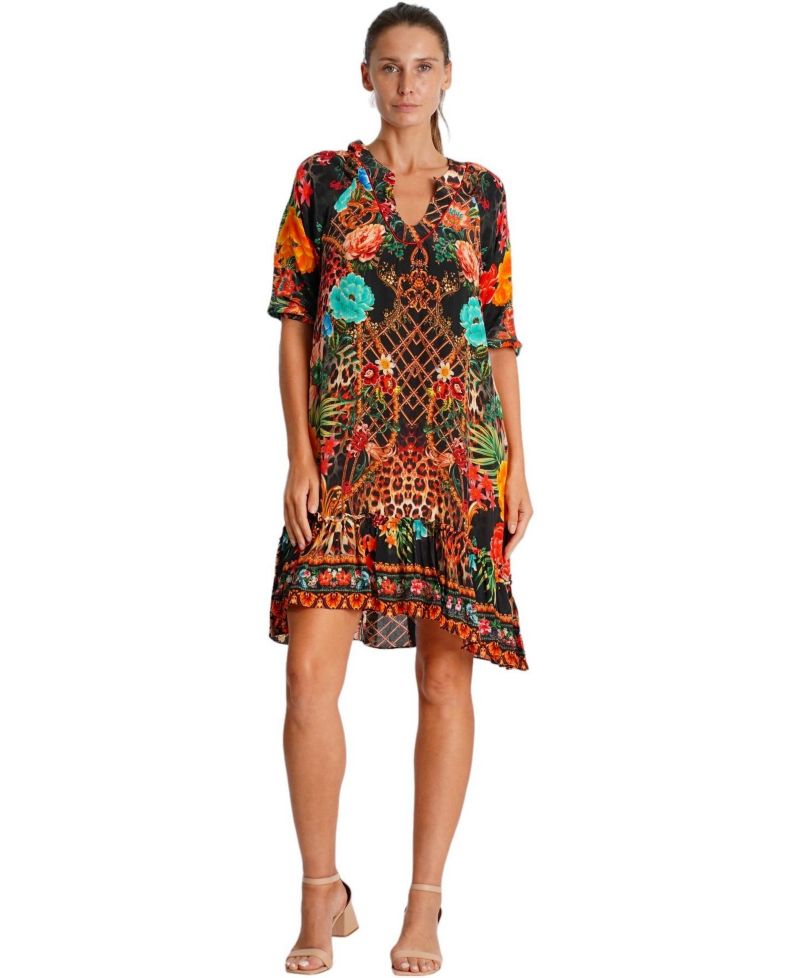 Women's Short Dress with V-Neck and Short Sleeves