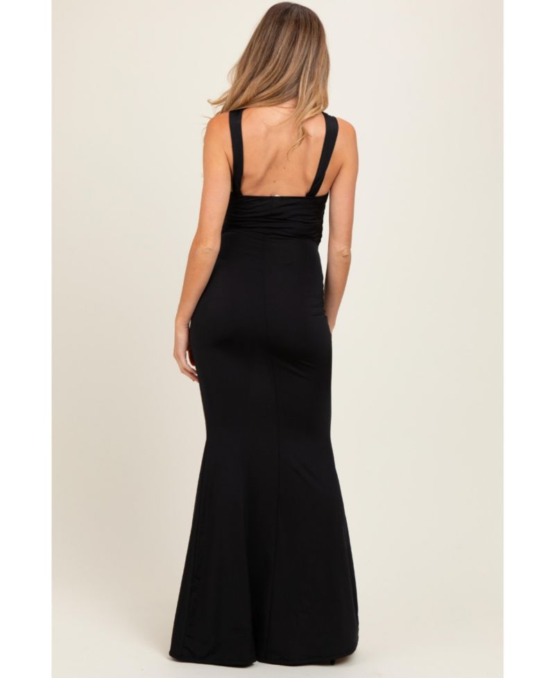 Women's Black Twist Front Ruched Maxi Dress