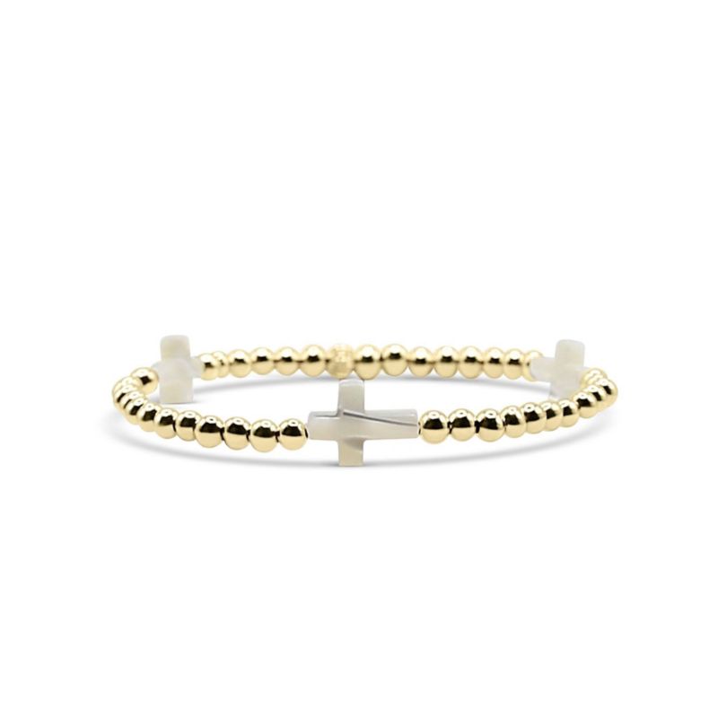 4mm Gold Filled Ball and Mother Of Pearl Cross Stretch Bracelet