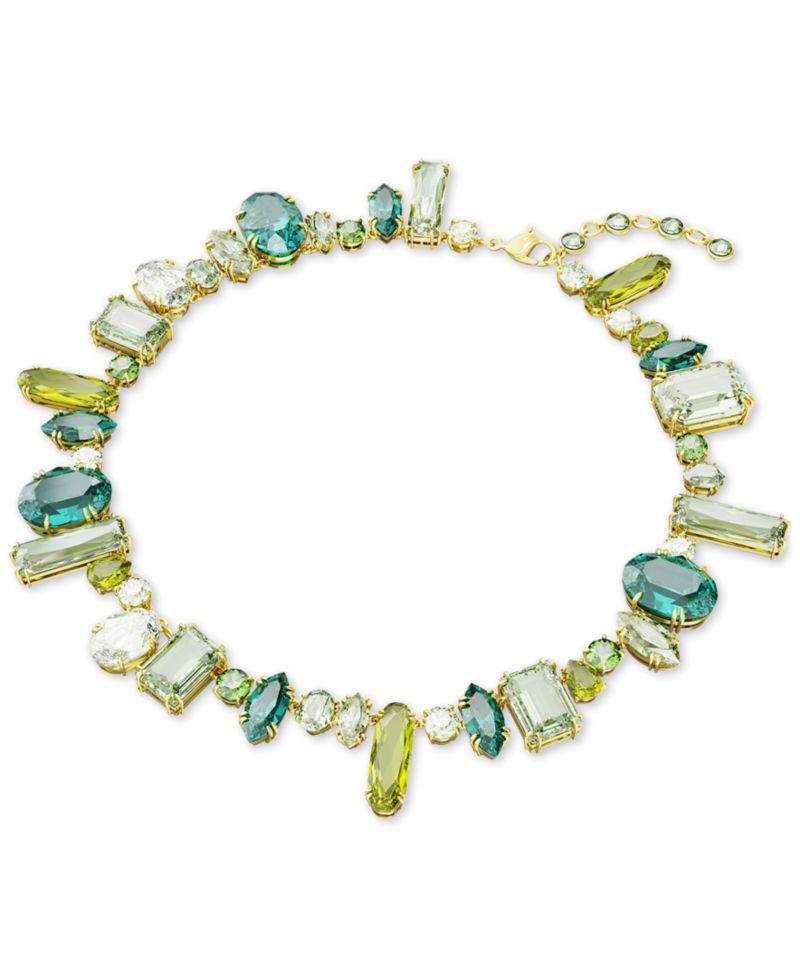 Gold-Tone Green-Hued Crystal Mixed Cut Collar Necklace, 14" + 1-3/4" extender