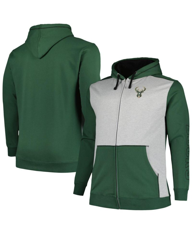 Men's Hunter Green, Heather Gray Milwaukee Bucks Big and Tall Contrast Pieced Stitched Full-Zip Hoodie