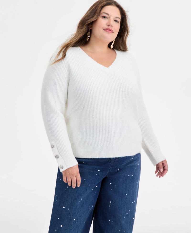 Trendy Plus Size Embellished-Cuff Sweater