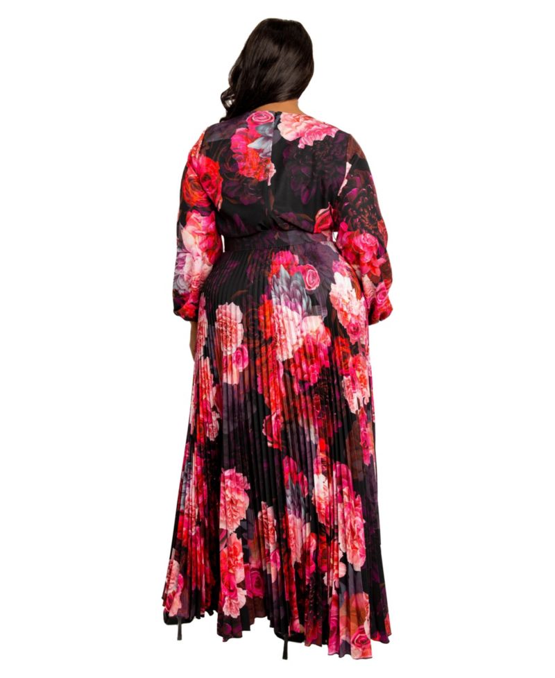 Plus Size Women's Floral Pleated Maxi Dress with Belt
