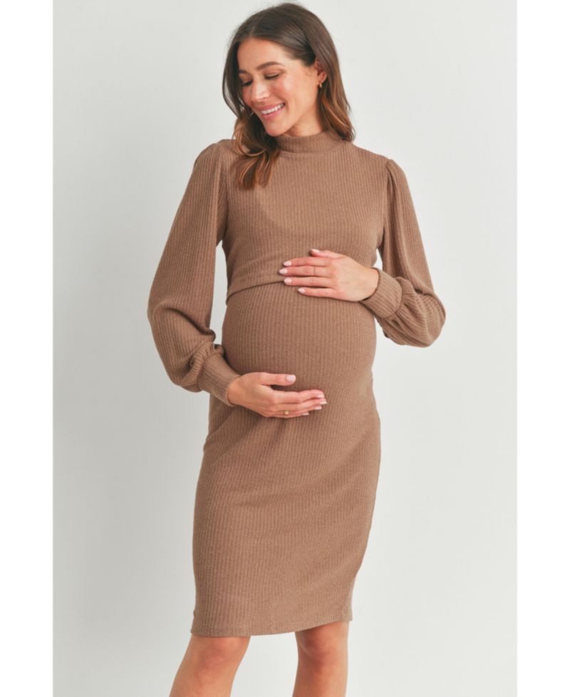 Women's Double Layer Mock Neck Ribbed Nursing Dress