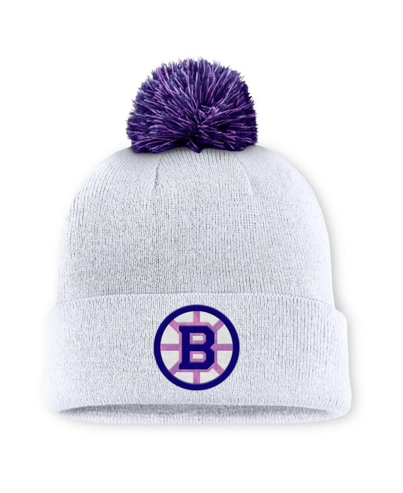 Men's White Boston Bruins Authentic Pro Hockey Fights Cancer Cuffed Pom with Knit Hat
