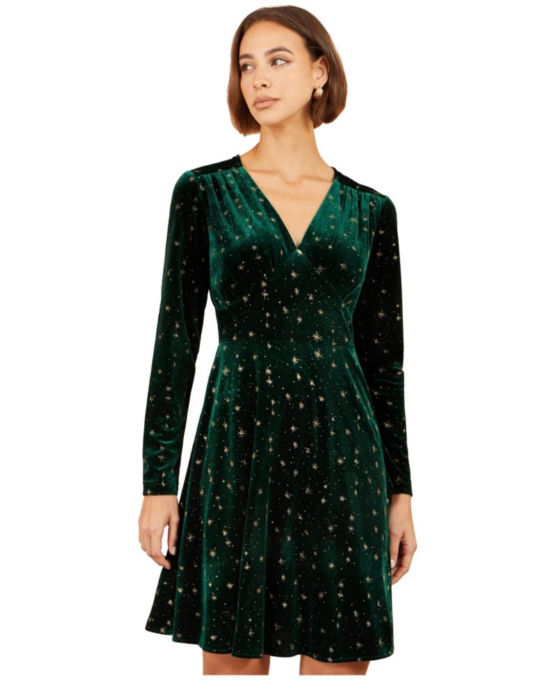 Women's Foil Star-Print Velvet V-Neck Dress