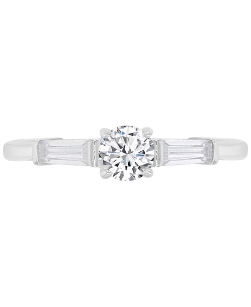 Cubic Zirconia Round & Baguette Promise or Engagement Ring in Sterling Silver