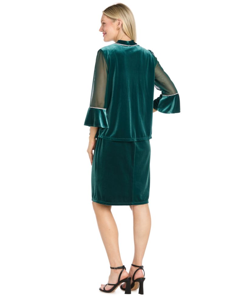 Petite Velvet Bead-Trim Removable-Jacket Dress and Jacket, 2-Piece Set