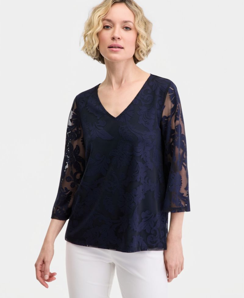Women's 3/4-Sleeve Allover Burnout V-Neck Top