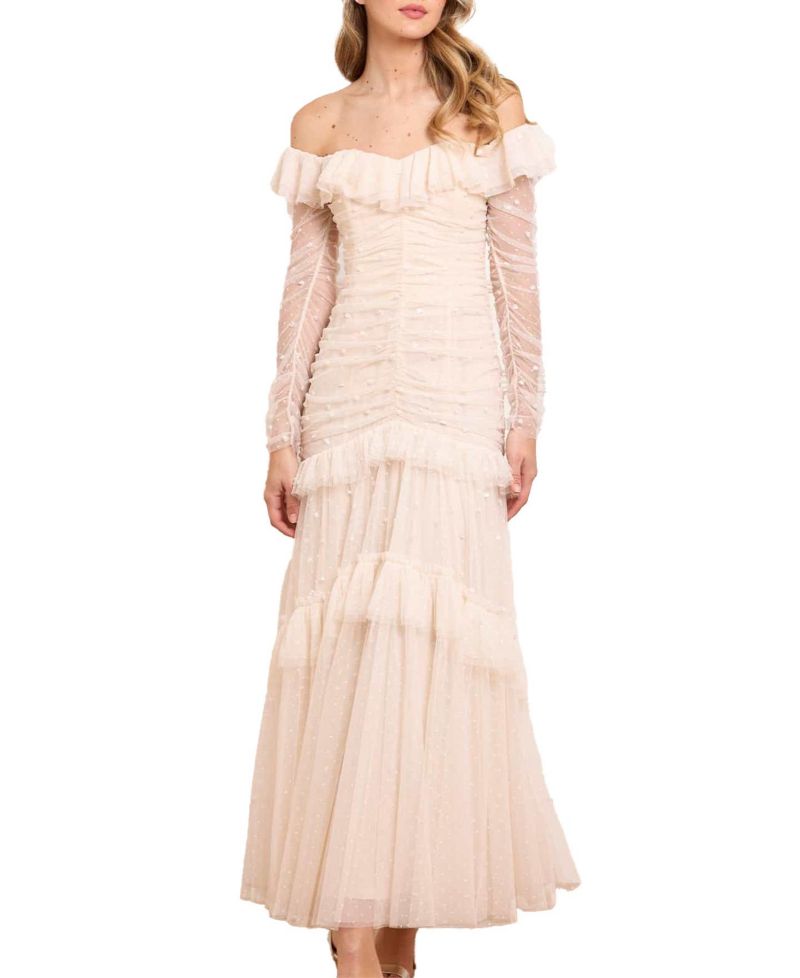Women's Sequin Glimmer Long-Sleeve Off-the-Shoulder Gown