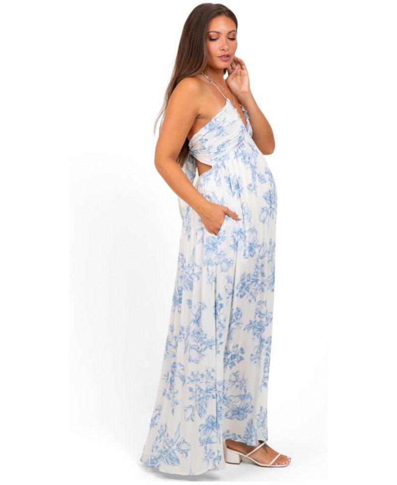 Women's Light Blue Floral Tie-Back Halter Maxi Dress