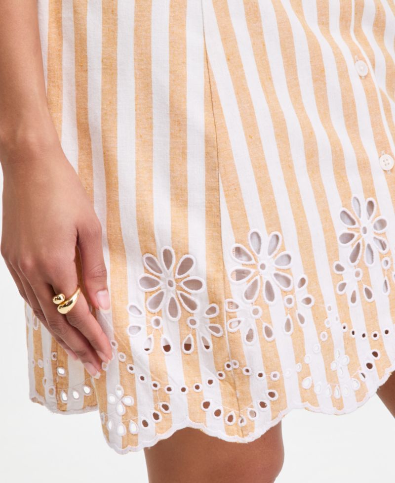 Women's Striped Linen Blend Embroidered Button-Front Mini Dress