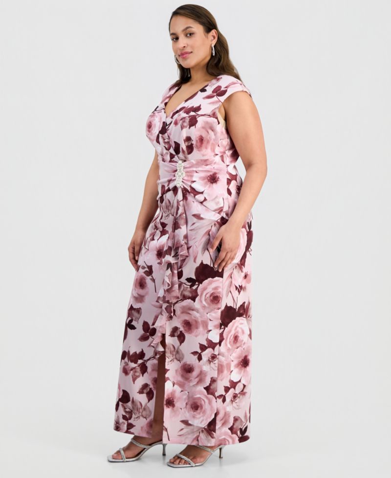 Plus Size Floral-Print Surplice-Neck Gown