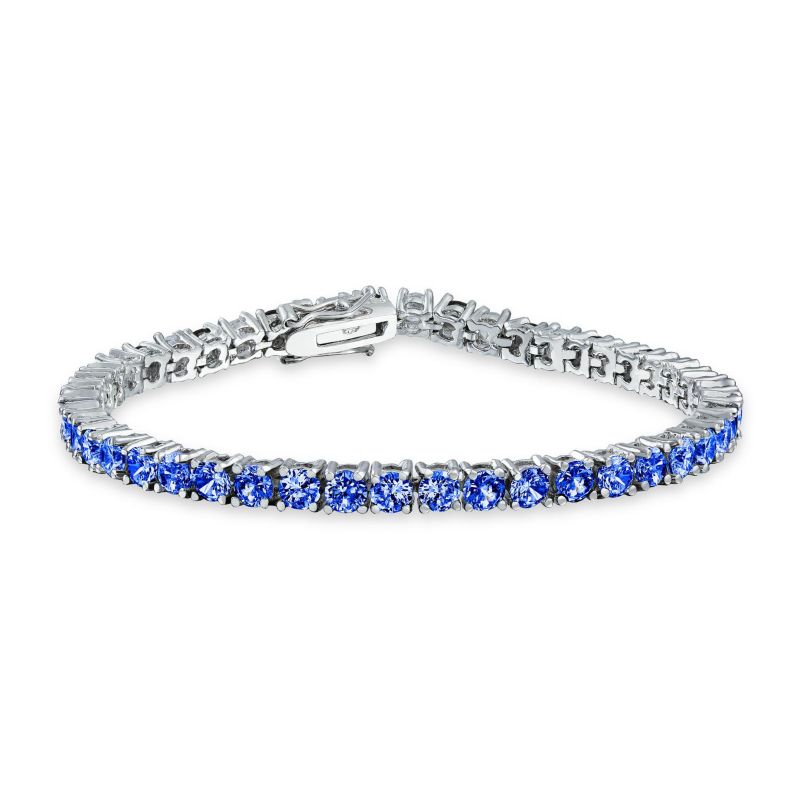 Classic 12CTW Round CZ Basket Set Blue Tennis Bracelet Silver Plated 7.5"