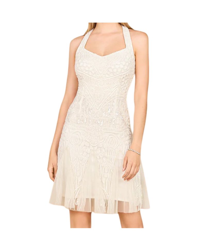 Women's Beaded Halter Neck Bridal Midi Dress