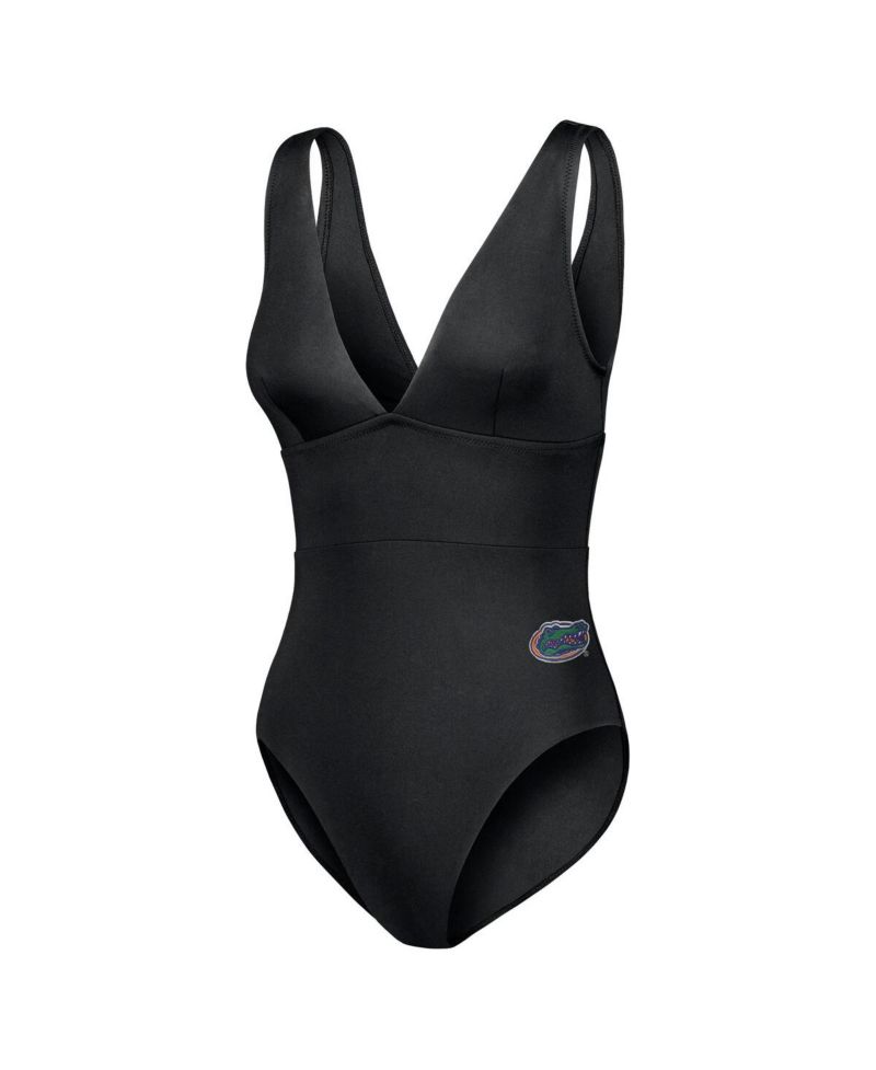 Women's Black Florida Gators Palm Modern V-Neck One-Piece Swimsuit