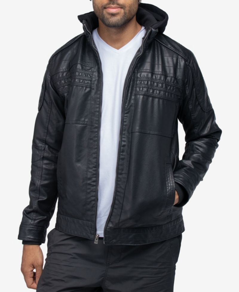 XRAY Men's Grainy PU Leather Hooded Jacket With Faux Shearling Lining