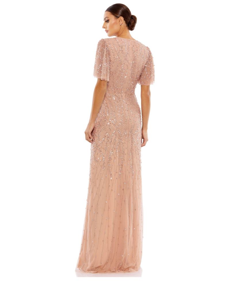 Petite Embellished Flutter Sleeve Evening Gown