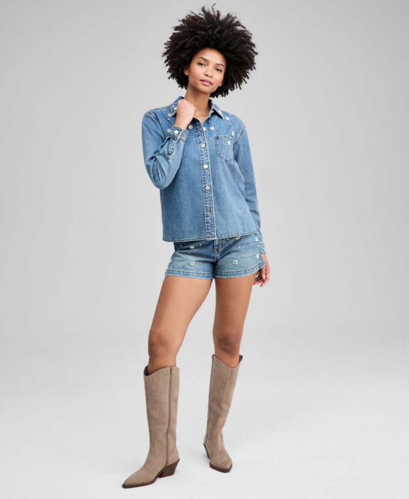 Women's Faux-Pearl Embellished Jean Shorts