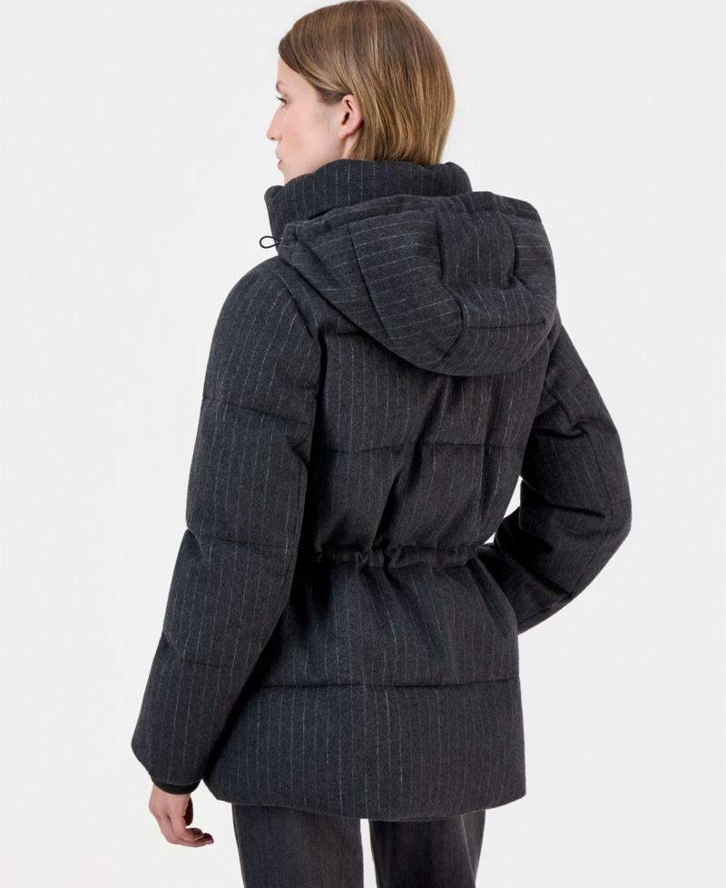 Women's Pinstripe Quilted Hooded Puffer Coat