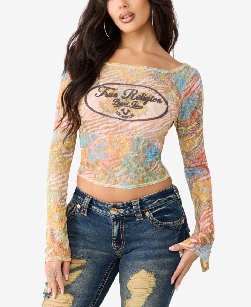 Women's Butterfly Lace Boat-Neck Long-Sleeve Top