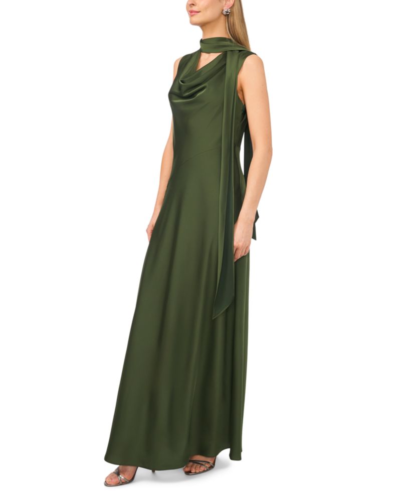 Women's Sleeveless Cowl Neck Scarf-Tie Maxi Dress