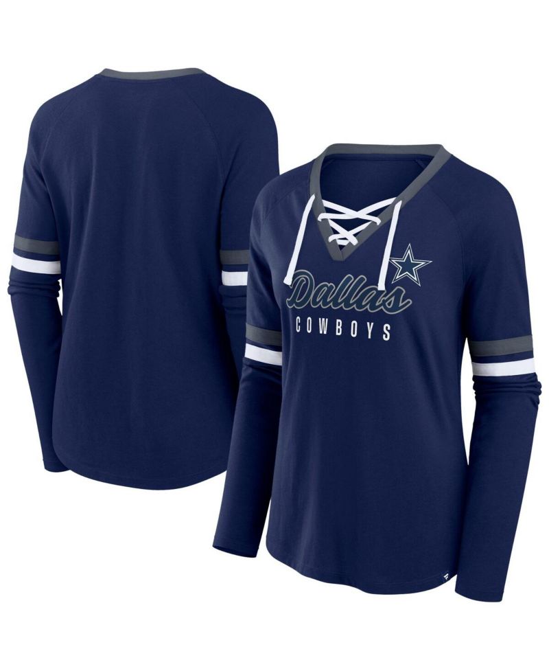 Women's Navy Dallas Cowboys Plus Size Won Done Lace-Up V-Neck Long Sleeve T-Shirt