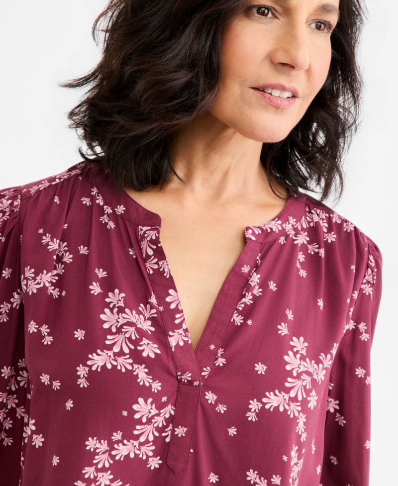 Petite Puff-Sleeve 3/4-Sleeve Floral-Print Blouse