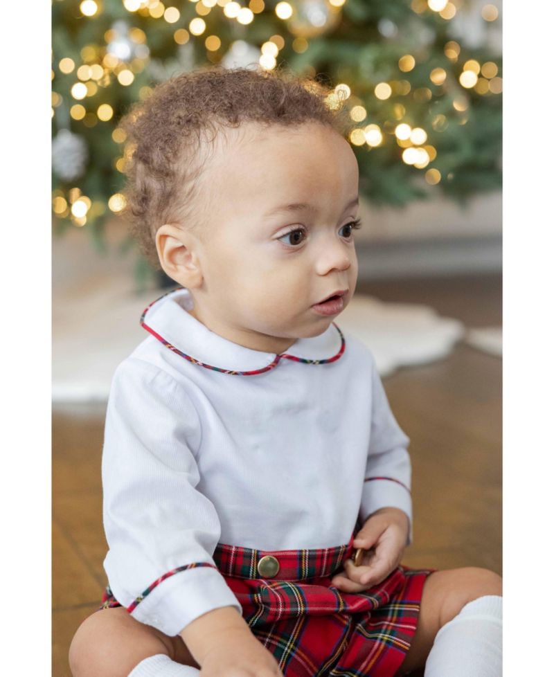 Baby Boys' Peter Pan Collar Long-Sleeve Plaid Shortall