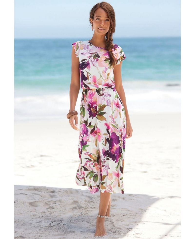 Women's Viscose Printed Flutter Sleeve A-Line Elastic-Waist Midi Dress