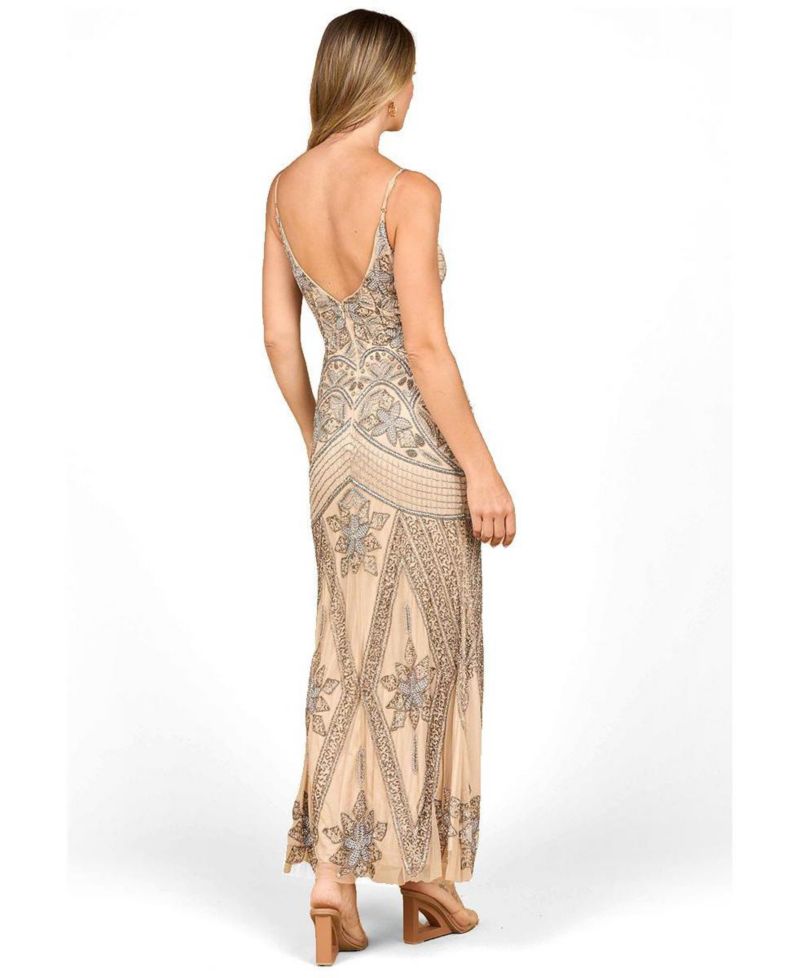 Women's Contrast Beaded V-Neck Fitted Gown