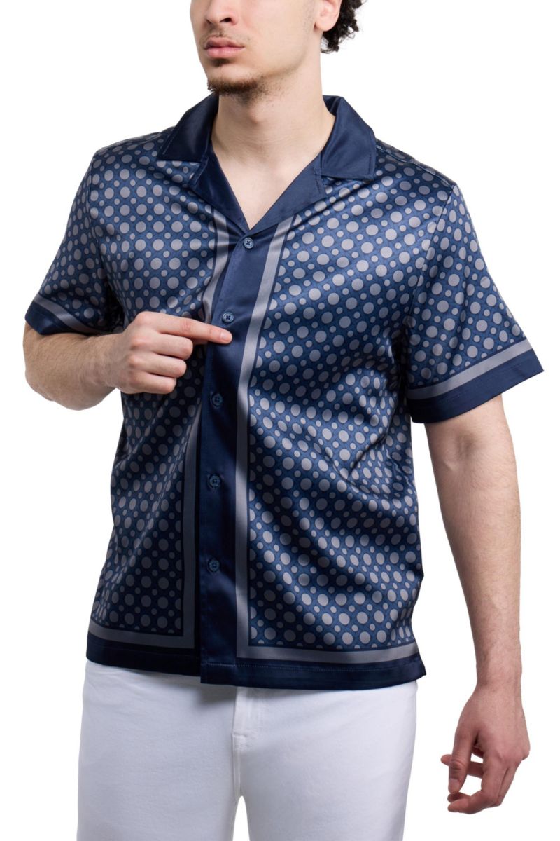 Men's Regular Fit Camp Collar Short Sleeve Printed Woven Satin Shirt