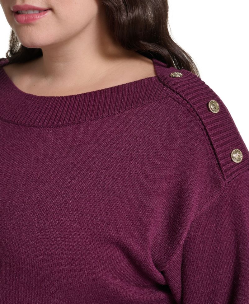 Plus Size Boatneck Button Shoulder Overlay Sweater