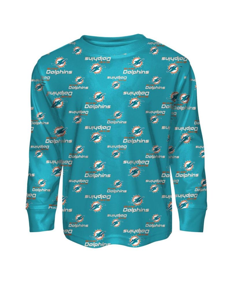 Big Boys and Girls 2-Piece Aqua Miami Dolphins All-Over-Print Long Sleeve T-Shirt and Pants Sleep Set