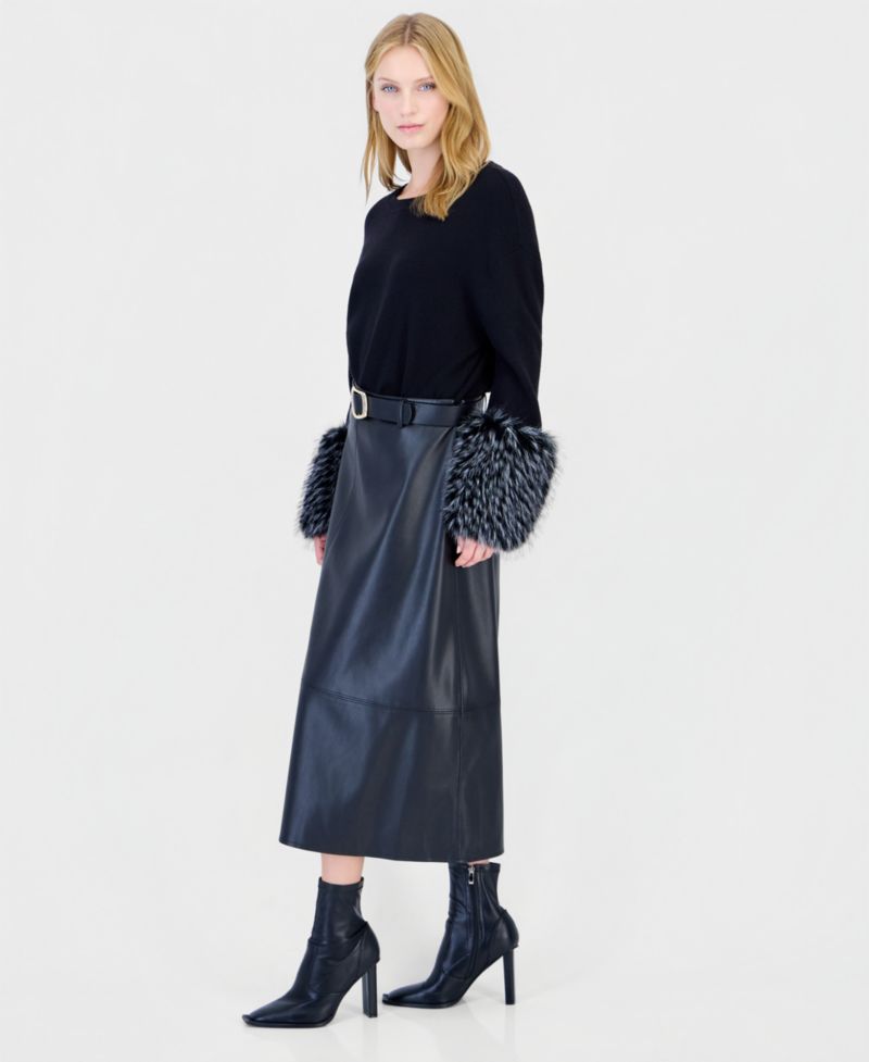 Women's Faux Leather Midi A-Line Skirt