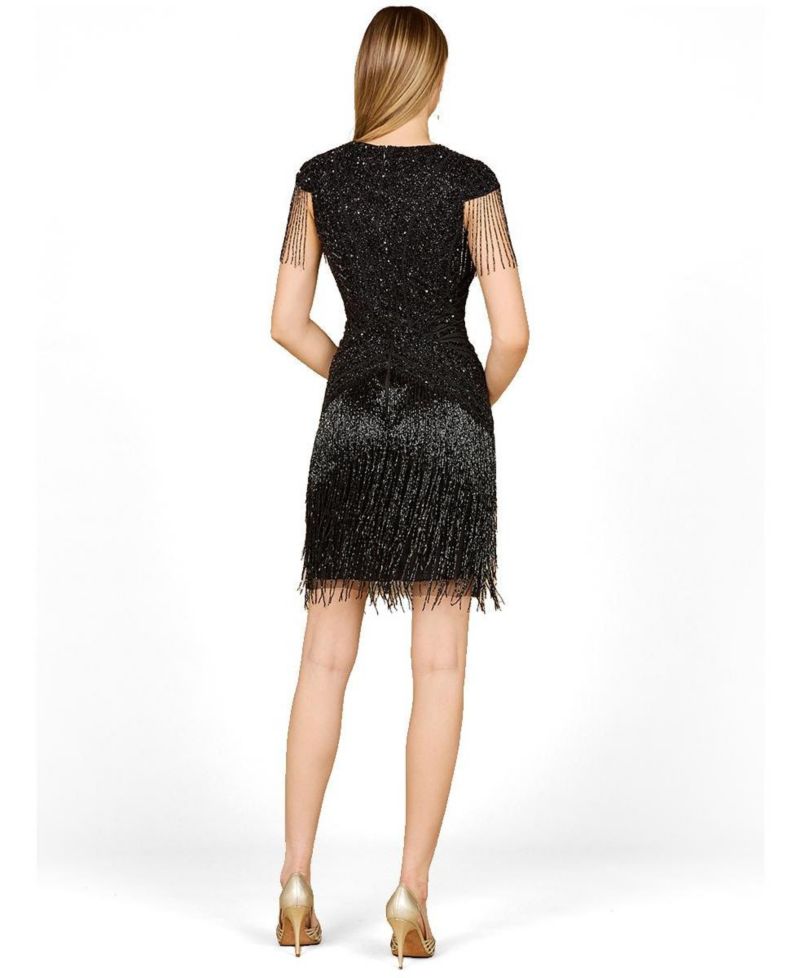 Women's Beaded Fringe Short Dress with Cap Sleeves