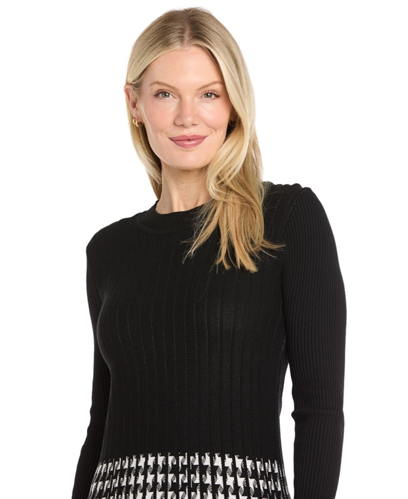 Women's Long-Sleeve Houndstooth Sweater Dress