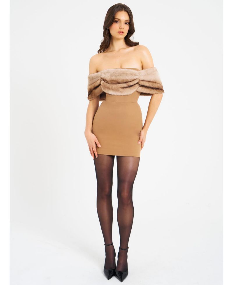 Women Nadira Off Shoulder Faux Fur Trim Mini Dress