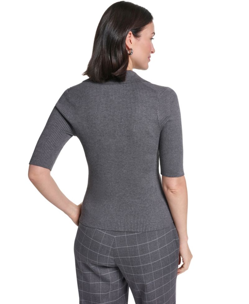 Women's Collared 3/4-Sleeve Ribbed-Knit Top
