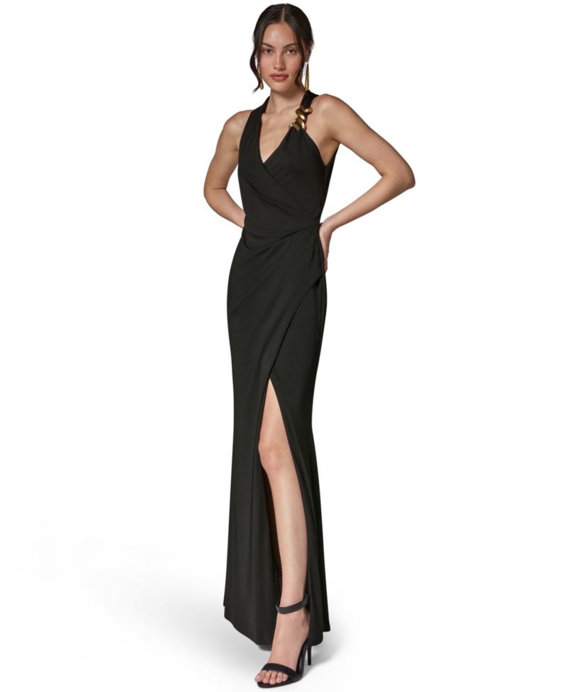 Women's Halter-Neck Draped Maxi Dress, Wedding Guest, Side Slit