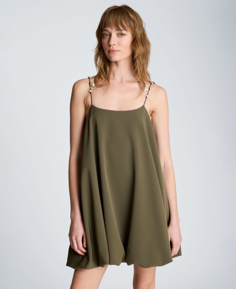 Women's Bubble Hem Mini Dress with Imitation Pearl Charm Straps