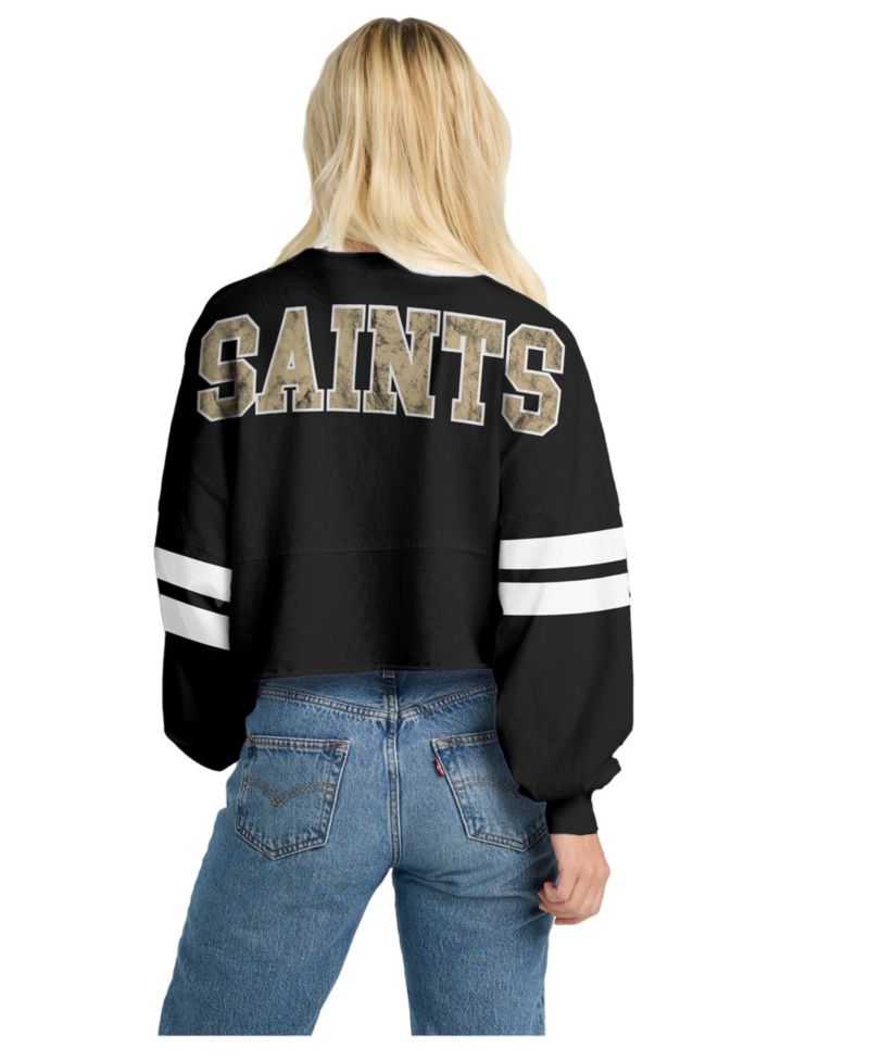 Women's Black New Orleans Saints Oversized Cropped Stripe Long Sleeve T-Shirt