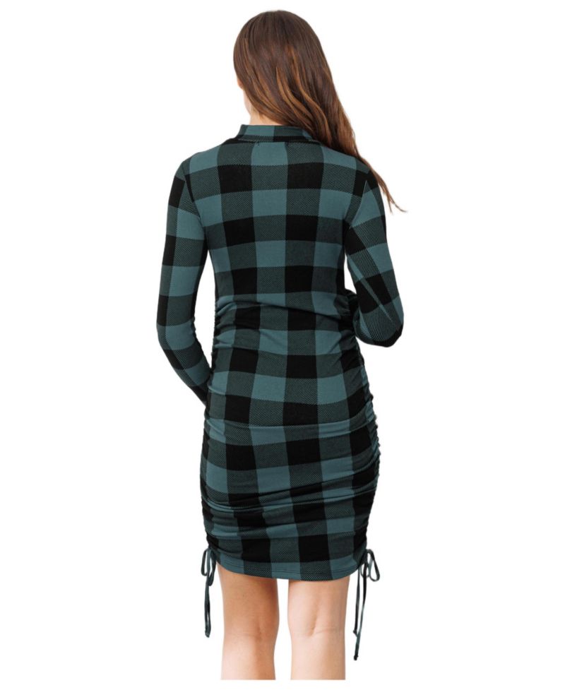 Women's Bodycon Plaid Side Ruched Long Sleeve Dress