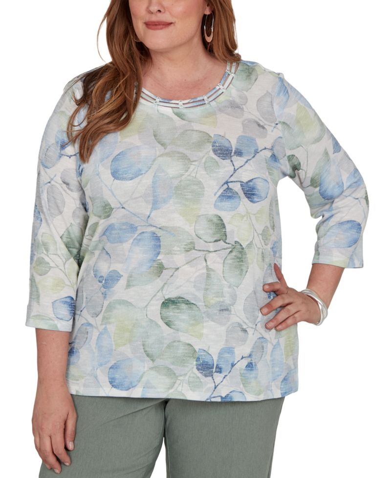 Plus Size Provence 3/4-Sleeve Watercolor Leaf Print T-Shirt