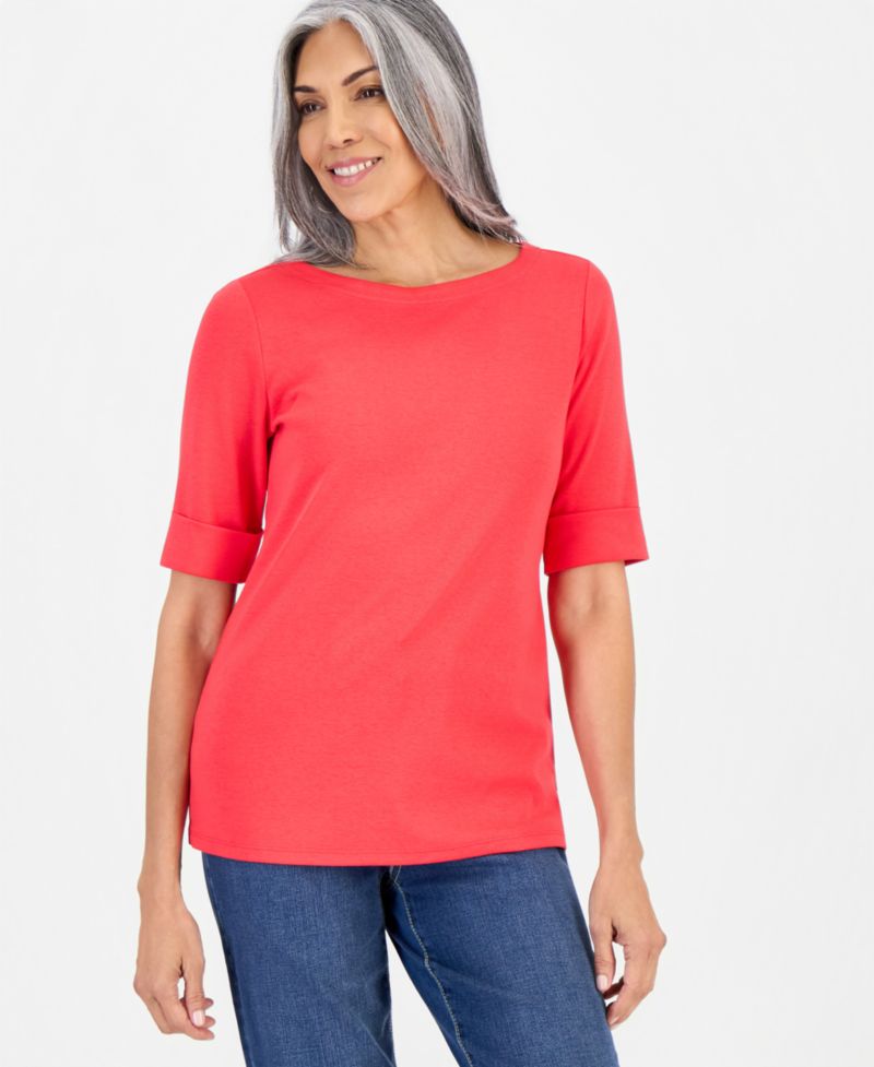 Petite Cotton Elbow-Sleeve Boat-Neck Top