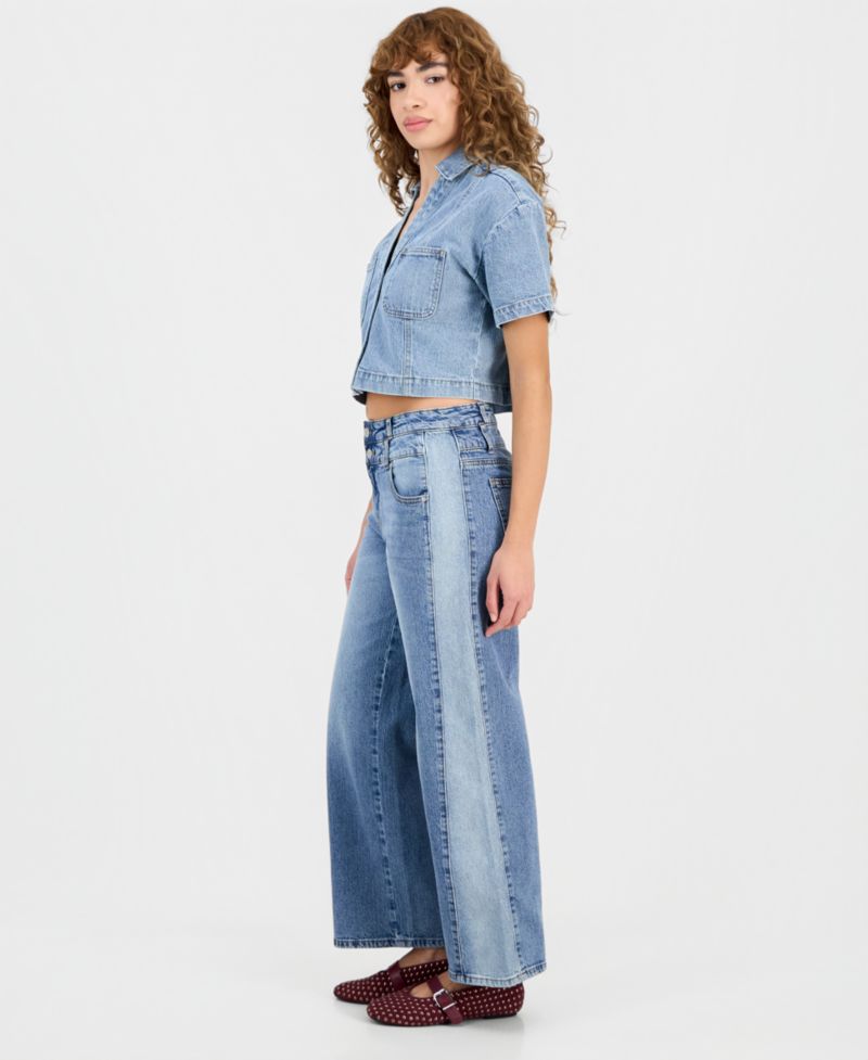Petite High-Rise Wide-Leg Two-Tone Jeans
