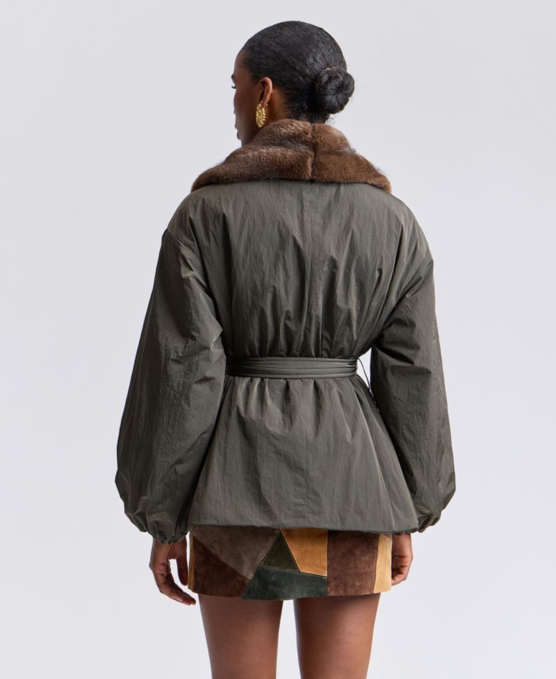 Women's Belted Faux-Fur-Trim Shawl Collar Puffer Jacket