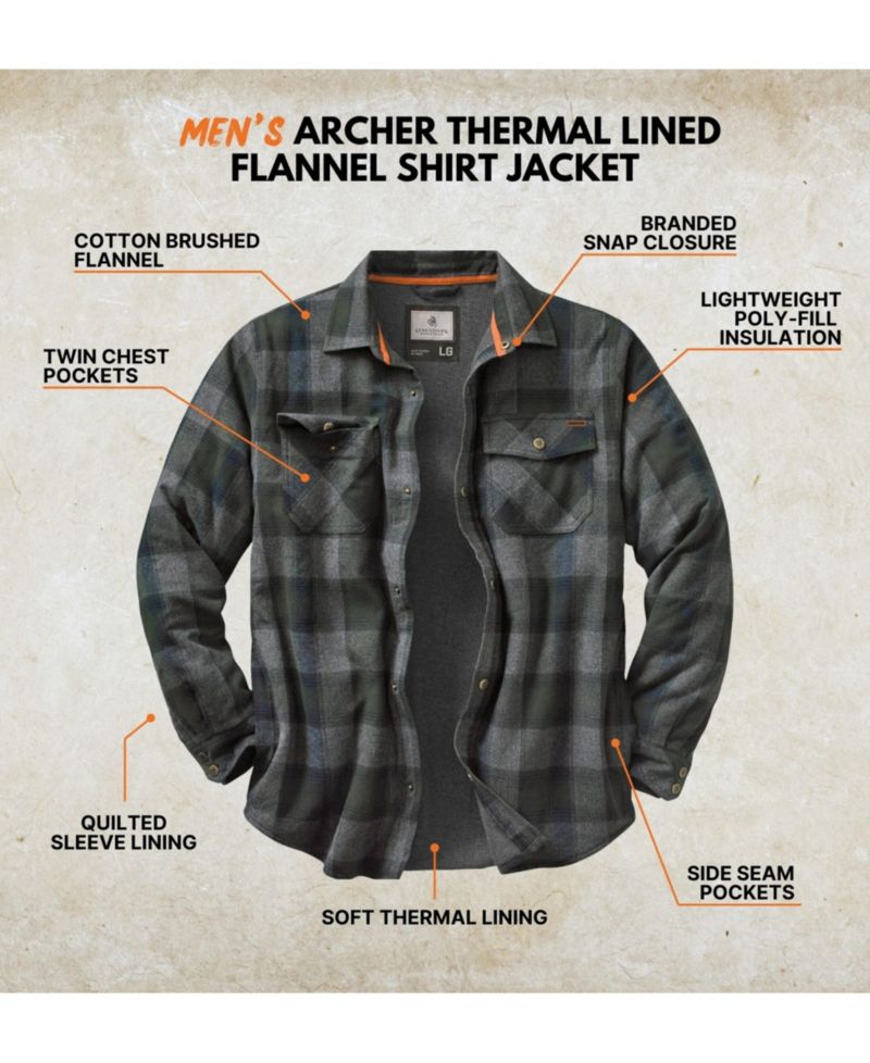 Mens Thermal Lined Plaid Long Sleeve Snap Up Shirt Jacket
