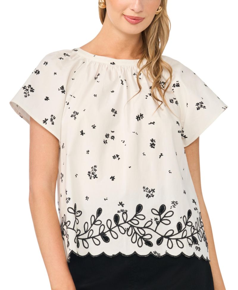 Women's Embroidered Flutter-Sleeve Top