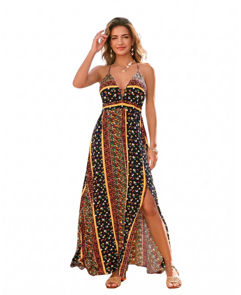 Women's Floral Print Halter Neck Side Slit Maxi Dress